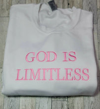 Load image into Gallery viewer, Embroidered God Is Limitless Crewneck, Adult Crewneck, God is Limitless Inspirational Quote Crewneck, Faith-based Crewneck