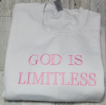 Load image into Gallery viewer, Embroidered God Is Limitless Crewneck, Adult Crewneck, God is Limitless Inspirational Quote Crewneck, Faith-based Crewneck