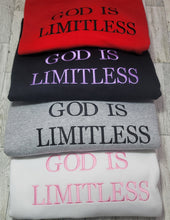 Load image into Gallery viewer, Embroidered God Is Limitless Crewneck, Adult Crewneck, God is Limitless Inspirational Quote Crewneck, Faith-based Crewneck