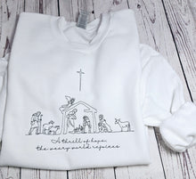 Load image into Gallery viewer, Christmas Embroidered sweatshirt, A Thrill of Hope the weary world rejoices Sweatshirt,  Nativity sweatshirt, Religious Crewneck,