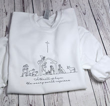 Load image into Gallery viewer, Christmas Embroidered sweatshirt, A Thrill of Hope the weary world rejoices Sweatshirt,  Nativity sweatshirt, Religious Crewneck,