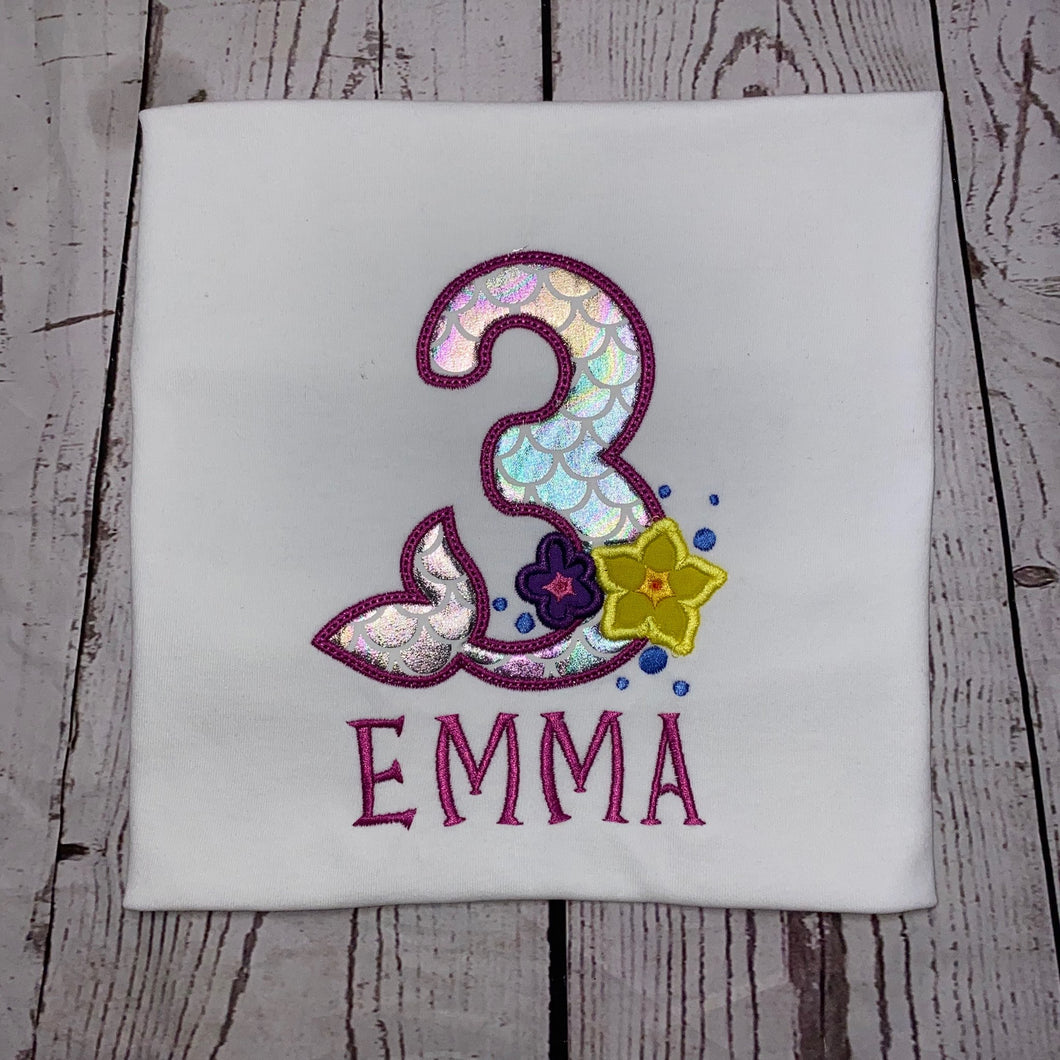 Mermaid Shirt/Mermaid Birthday Shirt/Embroidery Shirt/3year old Birthday Shirt